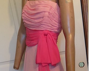 Vintage 50s Pink Chiffon Long Dress Gown Dark Pink Waist Sash B36