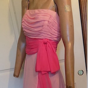 Vintage 50s Pink Chiffon Long Dress Gown Dark Pink Waist Sash B36