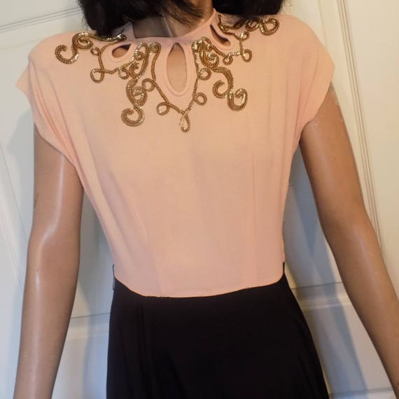 Vintage 50s Pink and Black Rayon Crepe Dress Sequ… - image 2