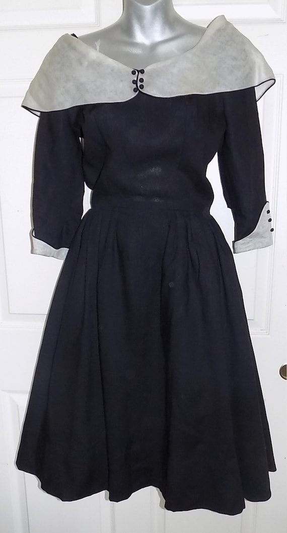 Vintage Black Imported Fabric Party Dress Wide Whi
