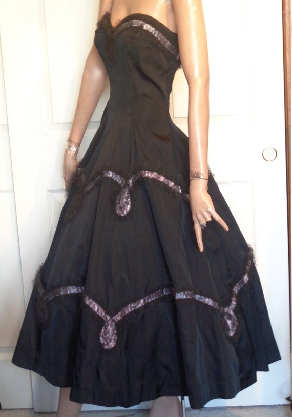 Vintage 50's Black Strapless Party Dress Blue Rib… - image 1