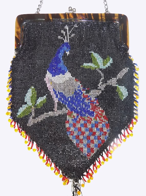 Antique Glass Beaded Purse Peacock on Branch