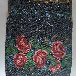 Antique Black Floral Beaded Purse Bag Jeweled Frame 1920s Flapper Era