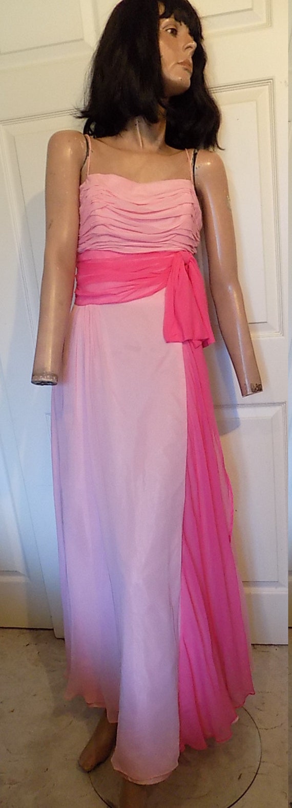 Vintage 50s Pink Chiffon Long Dress Gown Dark Pin… - image 9