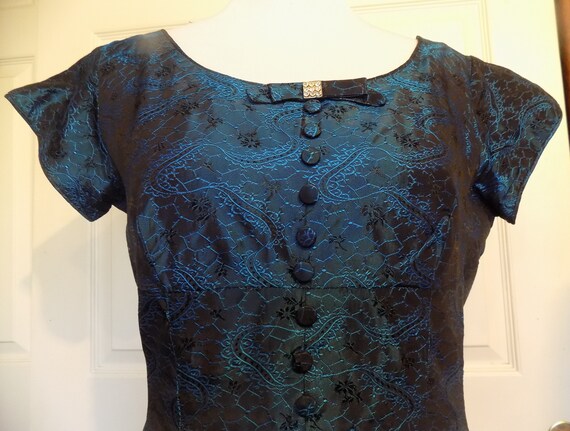 Vintage 50s Midnight Blue Brocade Party Dress Rhi… - image 5