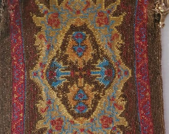 Antique Micro Beaded Purse Geometric Pattern Fringe