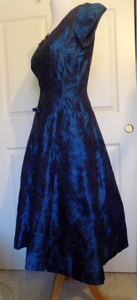 Vintage 50s Midnight Blue Brocade Party Dress Rhi… - image 2