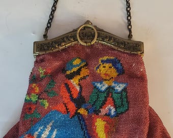 Antique Vintage Beaded Figural Purse Woman with Child & Couple (2 Sided)