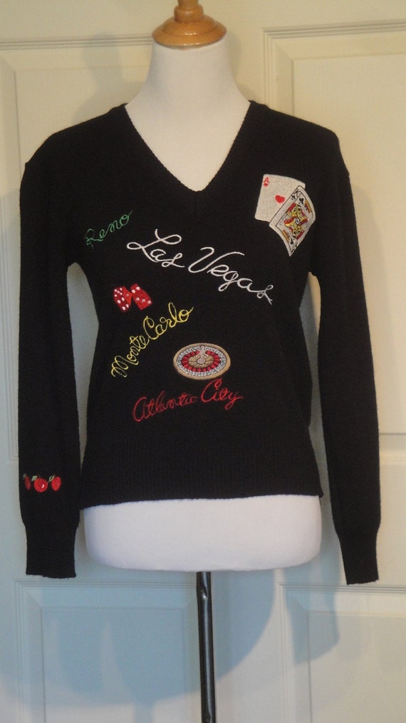 Vintage Embroidered Gambling Theme Sweater Black P