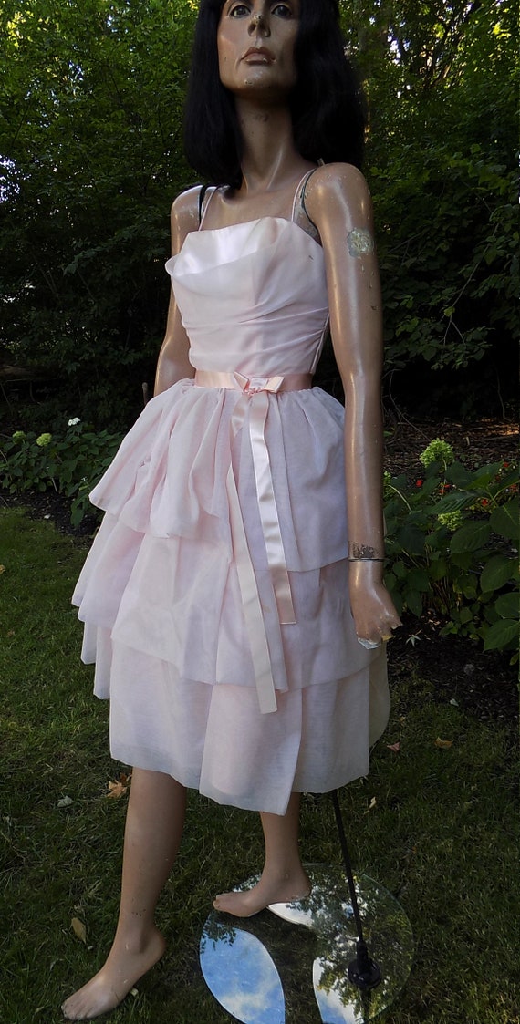 Vintage 50s Pink Party Dress Layered Skirt Spaghe… - image 3