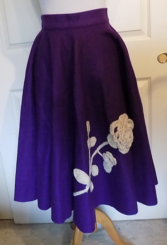 Vintage Purple Felt Circle Skirt Crocheted Rose Rh