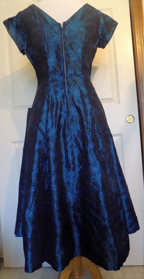 Vintage 50s Midnight Blue Brocade Party Dress Rhi… - image 3
