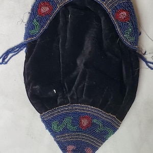 Antique Black Velvet Glass Beaded Bag Beaded Purse with Tassel