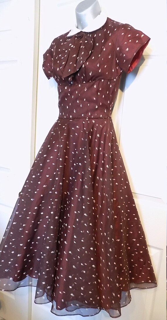Vintage 50s Brown White Nylon Party |Dress White F