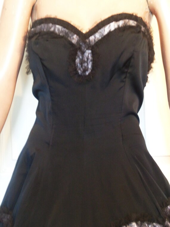 Vintage 50's Black Strapless Party Dress Blue Rib… - image 3