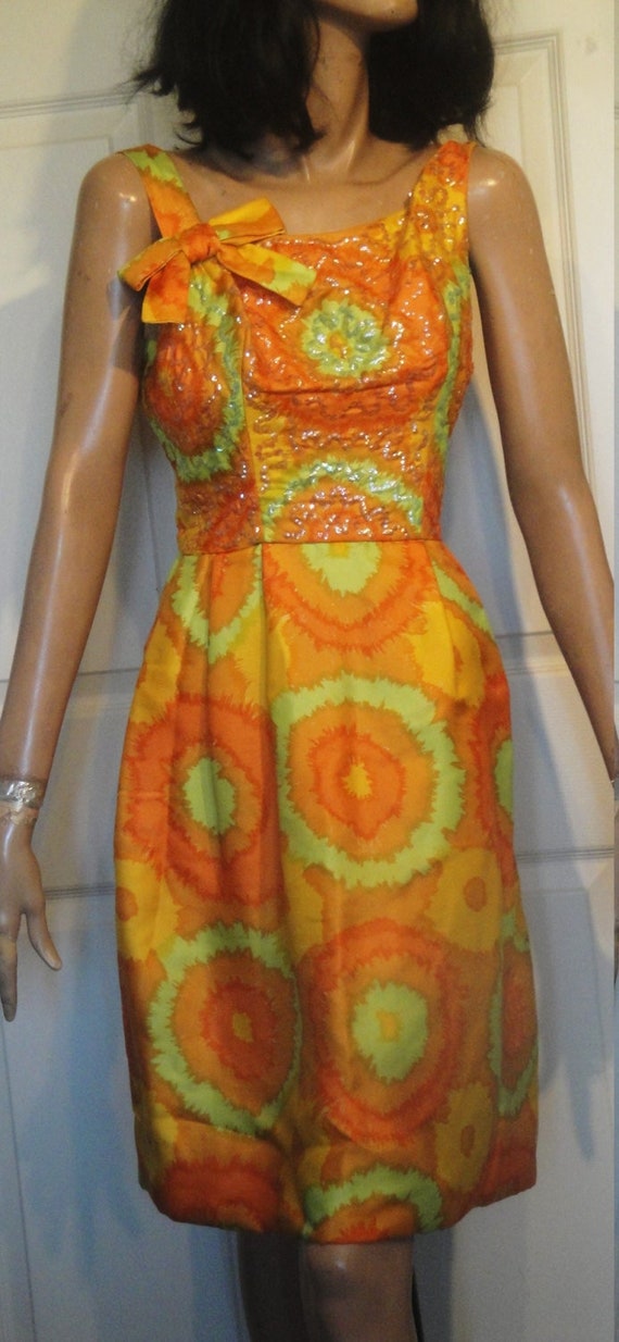Vintage Orange Sequin Rayon Party Dress B36 Size 1