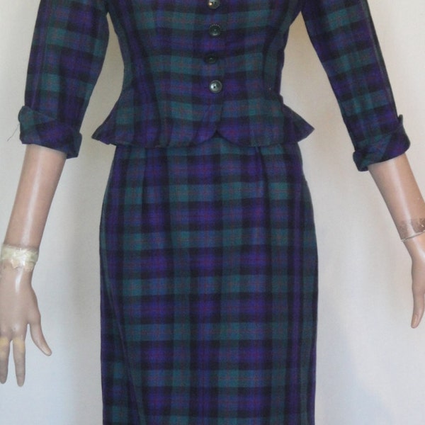 Fab Vintage Tartan blau grün karierte Baumwolle Anzug gepolsterte Schultern B36 Jerell Jr