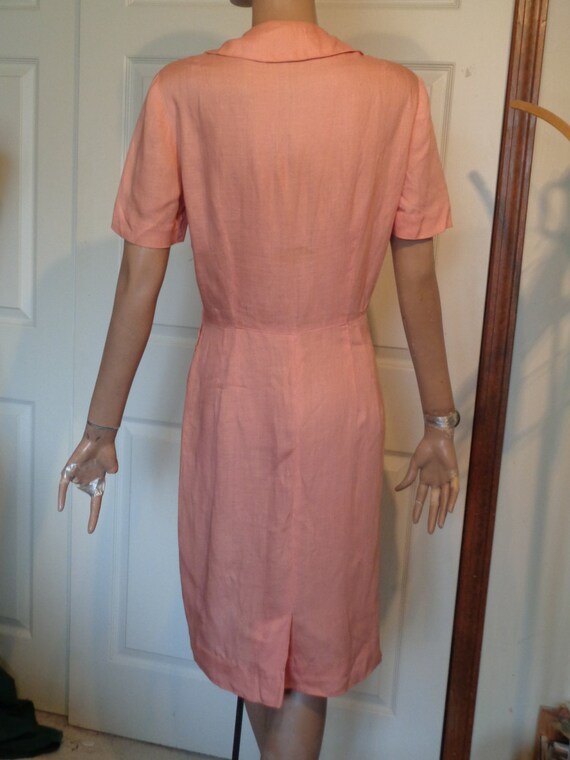 Vintage 50s 60s Peach Linen Dress Floral Applique… - image 4