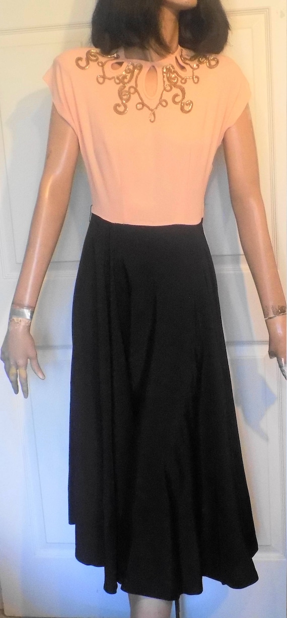 Vintage 50s Pink and Black Rayon Crepe Dress Sequ… - image 1