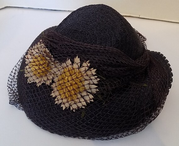 Vintage 30s 40s navy Blue woven Straw Hat Daisies