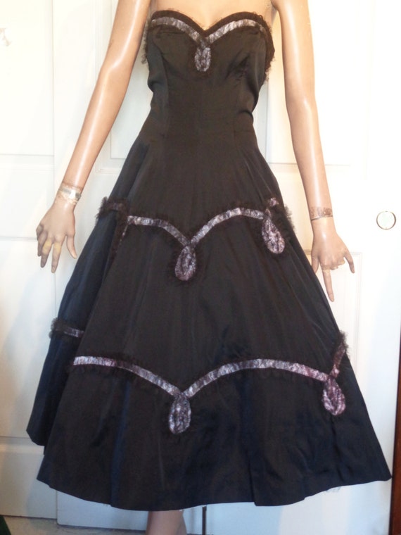 Vintage 50's Black Strapless Party Dress Blue Rib… - image 2