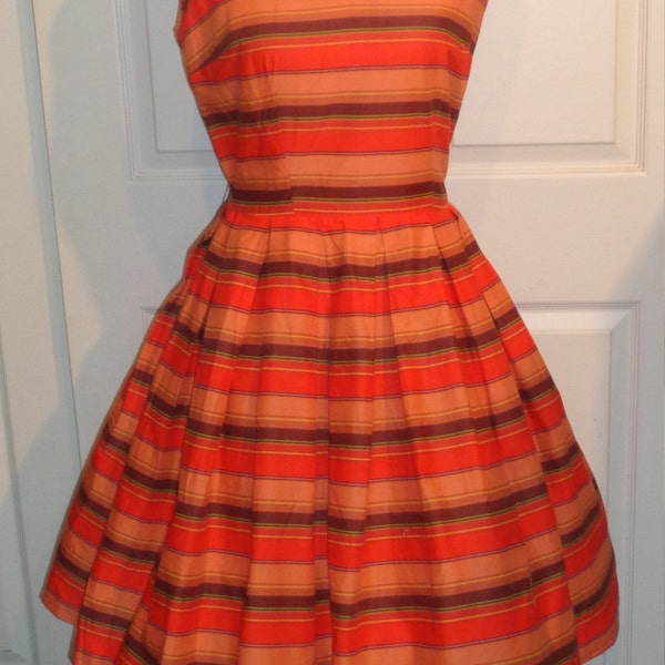 Vintage Orange Stripe Cotton Sun Dress Size Zipper B36
