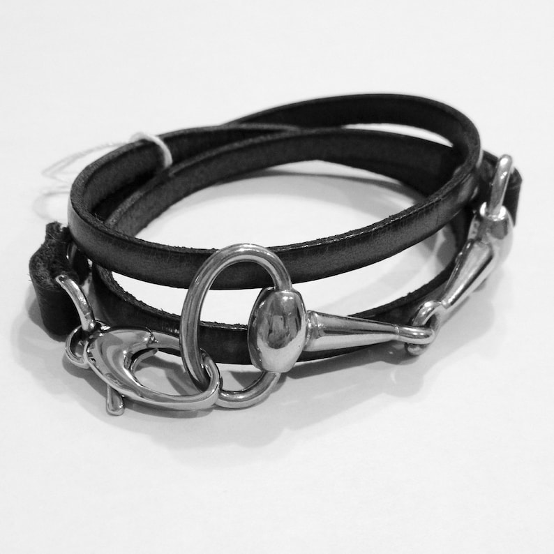 Black on black leather horse bit bracelet Etsy