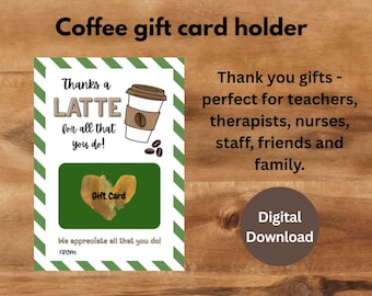 Porta tarjetas de regalo de café imprimible / Tarjeta de agradecimiento por un café con leche / Descarga digital