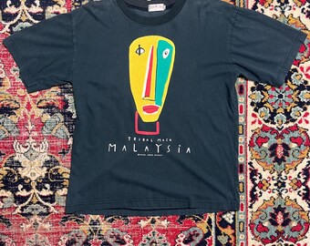 Vintage Malaysia Tribal Mask T-Shirt Abstract Art Size L