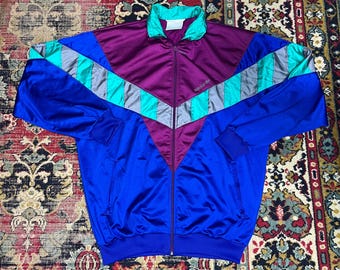 Chaqueta deportiva vintage Adidas Originals de los 90, colorblock, trébol azul y morado, talla L