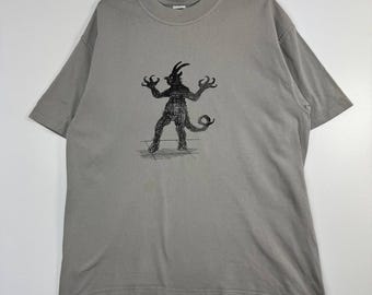 Camiseta vintage Hanes Beefy-T con estampado gráfico de diablo gris, talla L