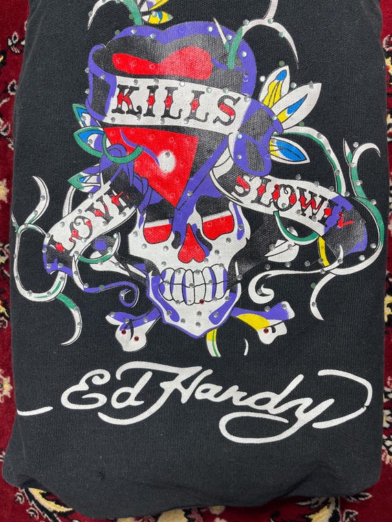 Vintage Ed Hardy “love Kills Slowly” Skull Heart Tote Bag Black