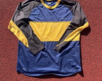 Nike Vintage Long Sleeve Training Shirt Blue Yellow Swoosh Size L