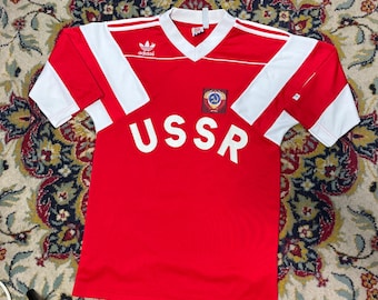 Camiseta de fútbol vintage Adidas URSS #9 Roja Blanca con el logo del trébol Talla XS