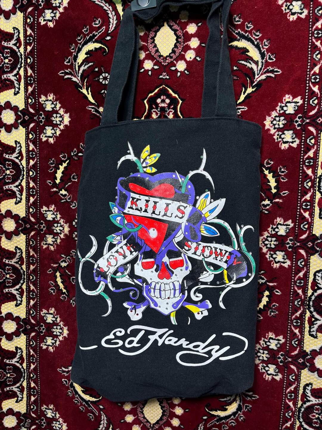 Vintage Ed Hardy “love Kills Slowly” Skull Heart Tote Bag Black