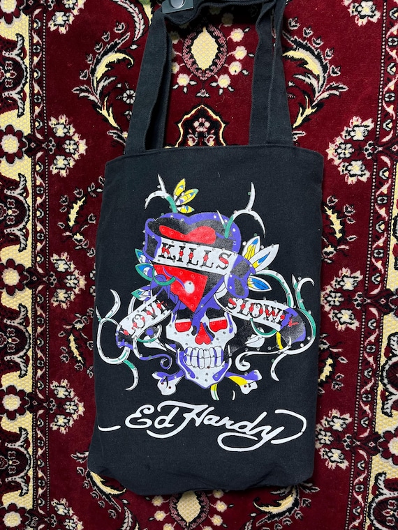Ed Hardy トートバッグ スカル 刺繍 ブラック Vintage Ed Hardy “love Kills Slowly” Skull Heart Tote Bag Black