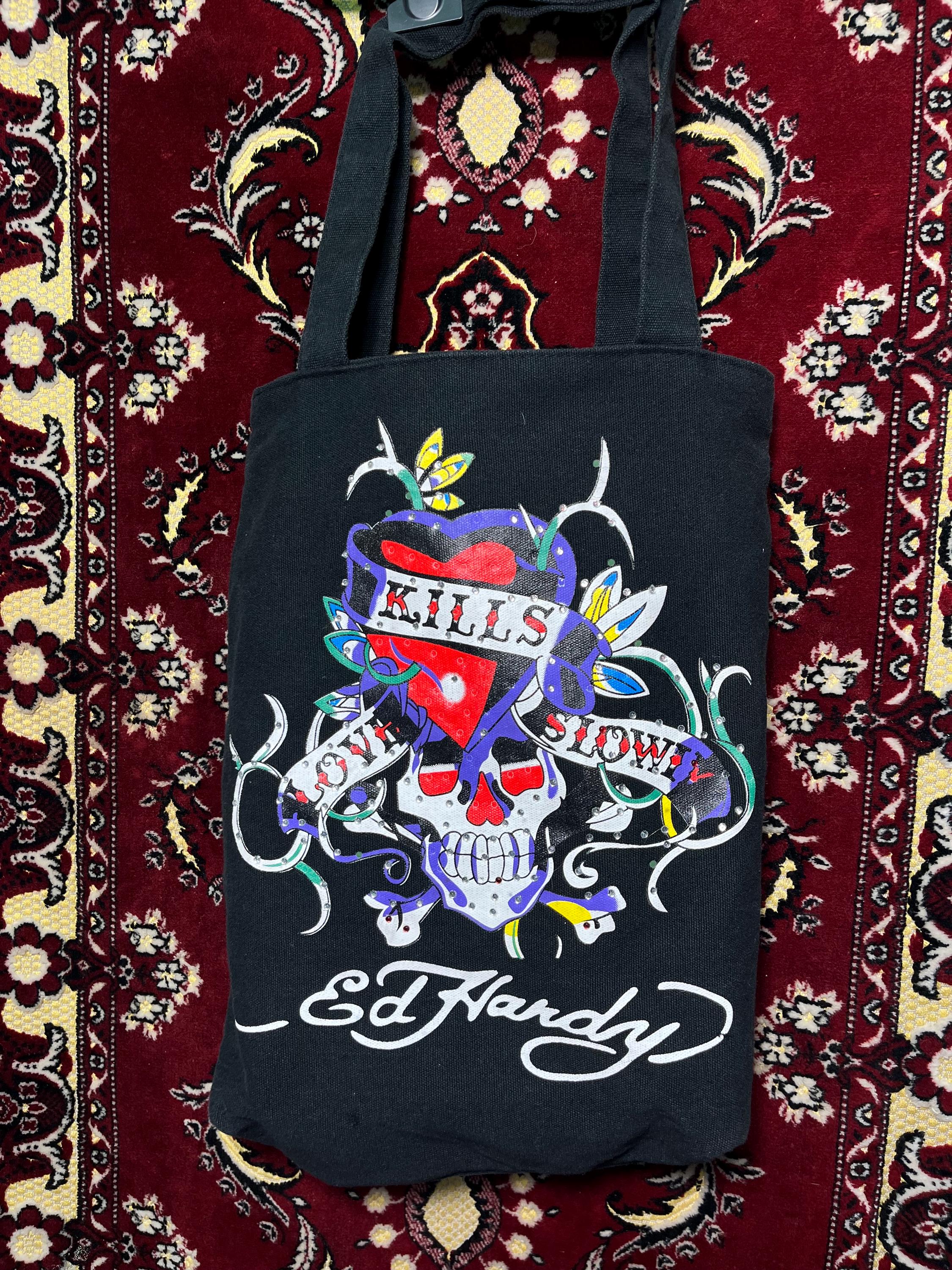 Vintage Ed Hardy “love Kills Slowly” Skull Heart Tote Bag  display picture 3