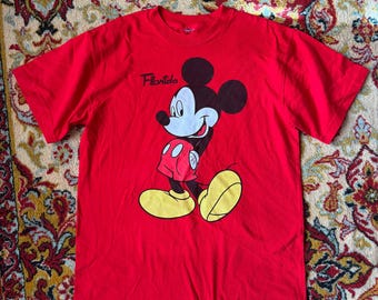 Camiseta vintage de Mickey Mouse de Florida, roja, con estampado de Disney, estilo de costura simple, talla L, fabricada en EE. UU.