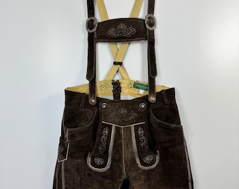 Vintage cuero Lederhosen Country Line Trachten Shorts Marrón Tamaño 48