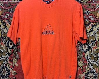 Adidas Vintage Orange V Neck T Shirt Mens Casual Sportswear Retro Size M