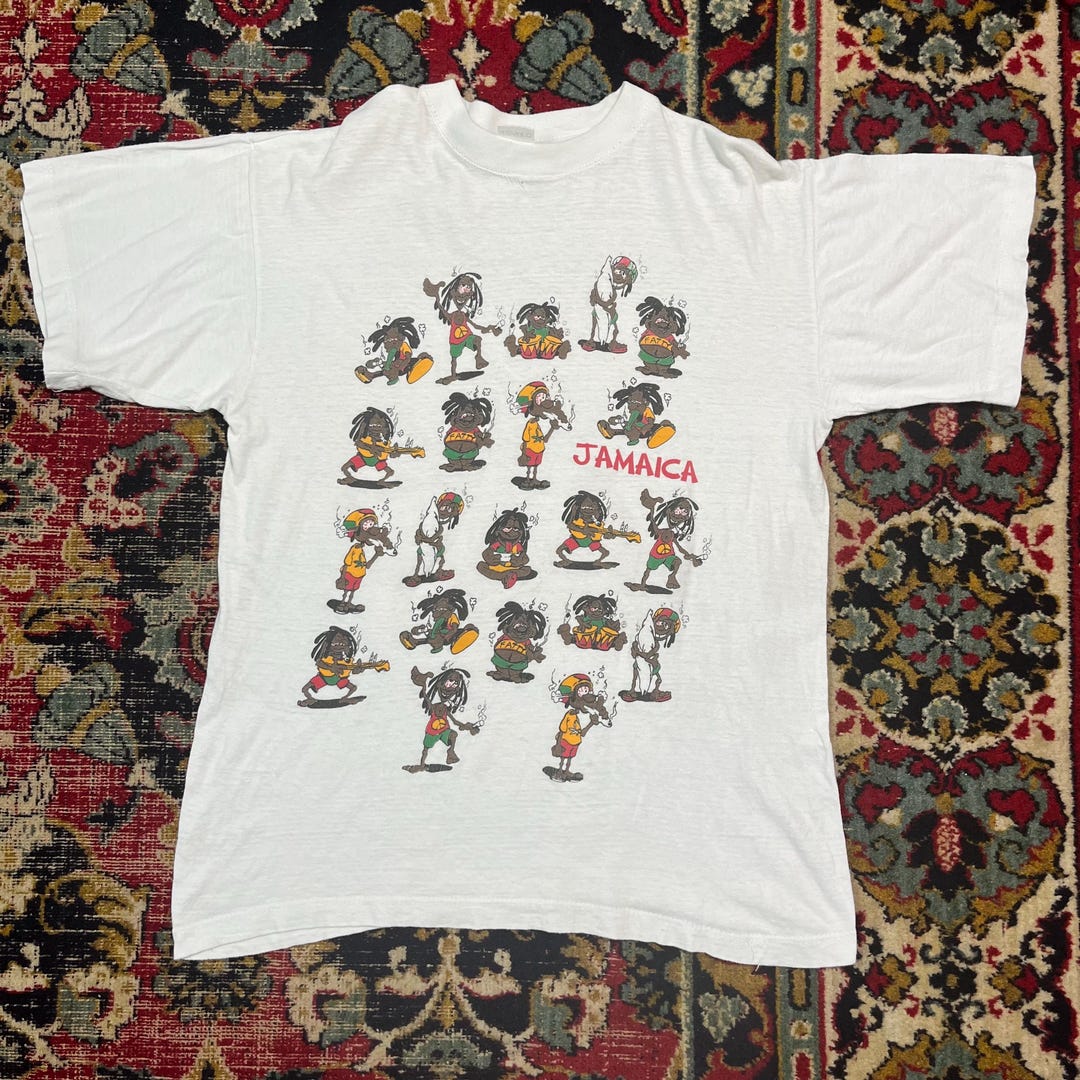 Vintage 90s Jamaica Rasta Reggae Cartoon Graphic T-shirt White