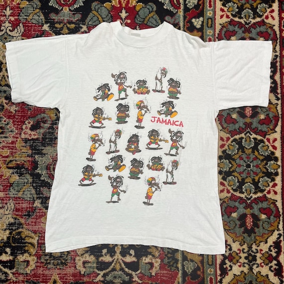 Vintage 90s Jamaica Rasta Reggae Cartoon Graphic T-shirt White