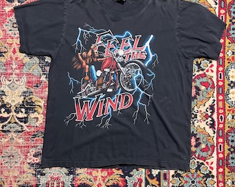 Vintage 90s Feel The Wind Biker T-Shirt – Motorcycle Graphic Size XL