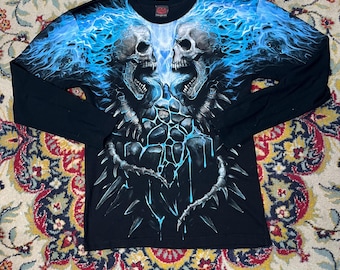 Camiseta de manga larga Spiral Direct Skull con estampado gótico de llamas azules, talla L