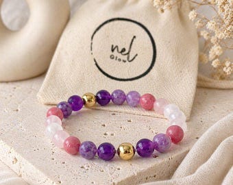 Amethyst, Lepidolite, Rose Quartz Natural Gemstone Beaded Bracelet, Crystal Jewelry Gift