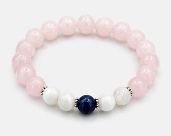 Pulsera de cuentas de piedras preciosas naturales: piedra lunar, cianita azul y cuarzo rosa. Regalo ideal para amantes de la joyería de cristal.