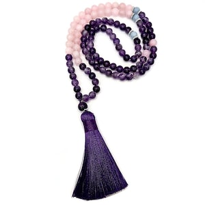 Amethyst Mala &#39;Shanti&#39; – Amethyst, Rose Quartz, and Aquamarine Mala Necklace for Peace and Love