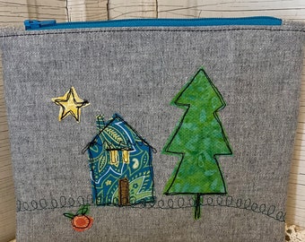 Cotton Fabric Zippered Pouch, House Tree Design, Free-Motion Appliqué, Pencil Case, Clutch, Cosmetic Bag