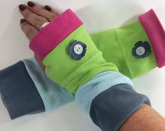 Fingerless Mittens, Arm Warmers, Long Arm Warmers, Fingerless Gloves, Upcycled, Striped Arm Warmers, Repurposed mittens,Cotton mittens