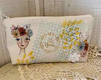 Hand Painted Quilted zippered pouch with Whimsical Girl,  Clutch, Textile Art, Appliqué, Cotton Canvas,  Free Motion Stitching